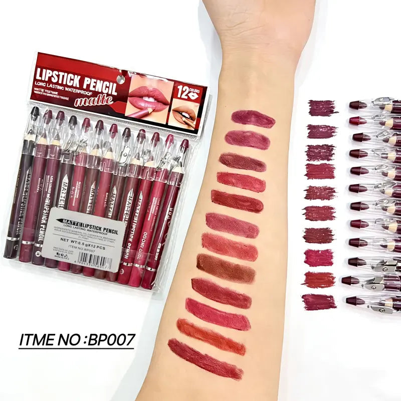 12Pcs Matte Lip Liner With Sharpener Set