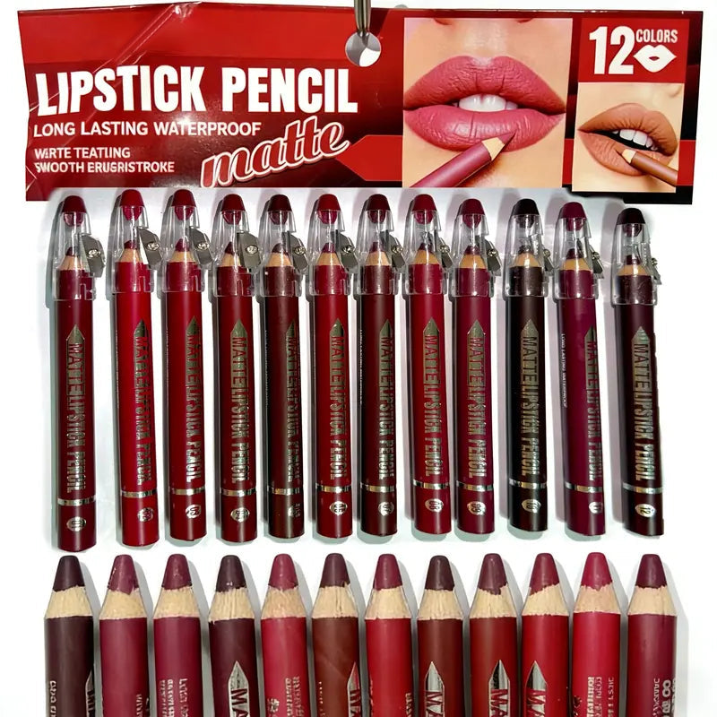 12Pcs Matte Lip Liner With Sharpener Set