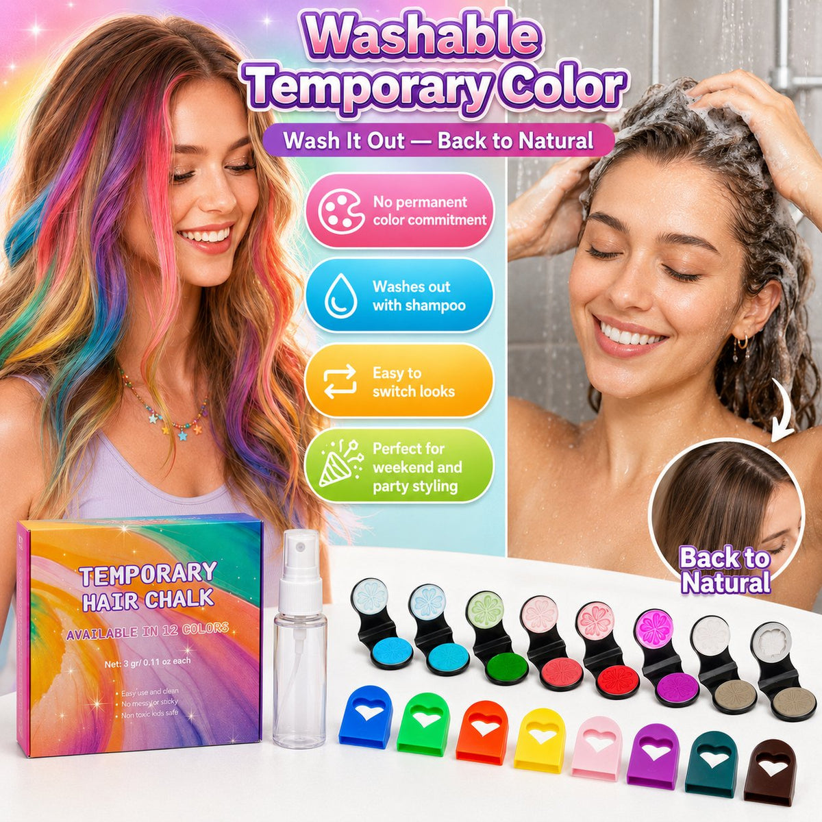 🔥Halloween Temporary Hair Color  🌈12-Color Temporary Hair Chalk Applicator Set